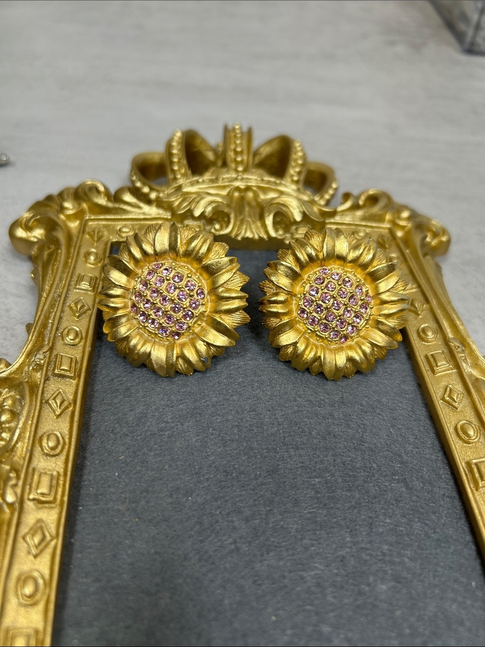 Gold Sunflower Earrings with Pink Crystal Centers Clip ons